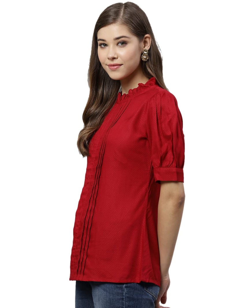 Yash Gallery Women's Rayon Short Puff Sleeve Tops (Maroon, XL) - Image 2